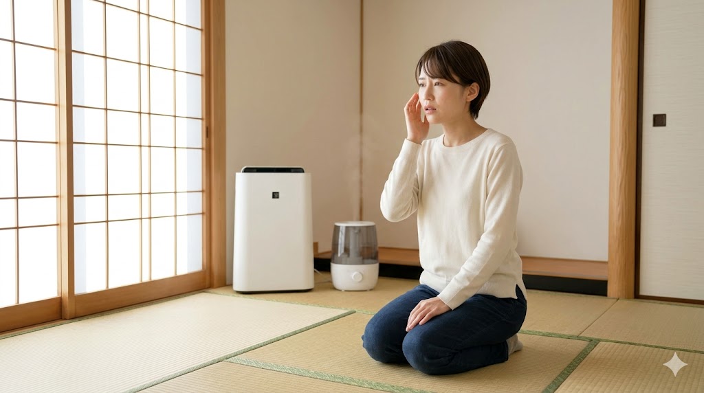 乾燥と空気の汚れに悩む日本人の女性