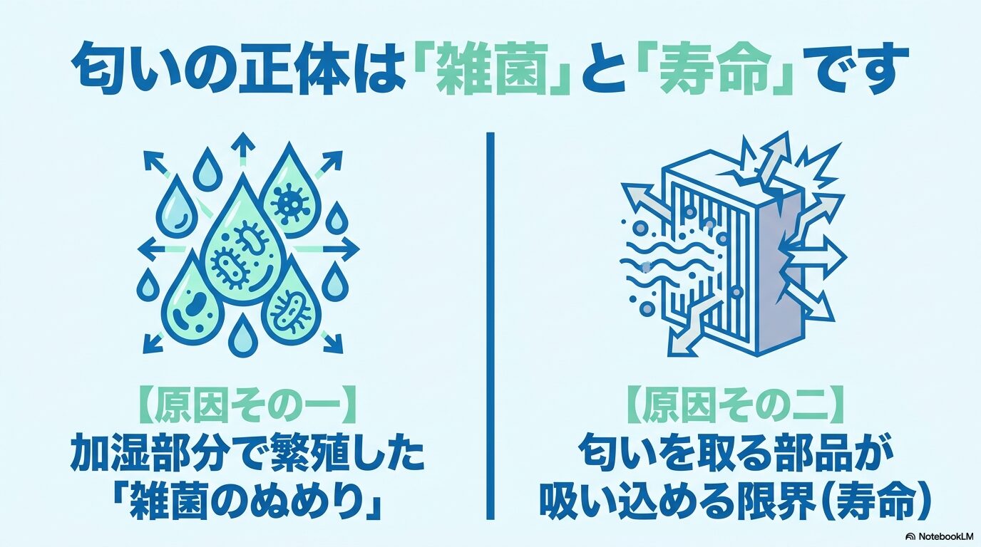 空気清浄機の匂いの正体である加湿部の雑菌（ぬめり）と、フィルターの吸着限界（寿命）を示す図解