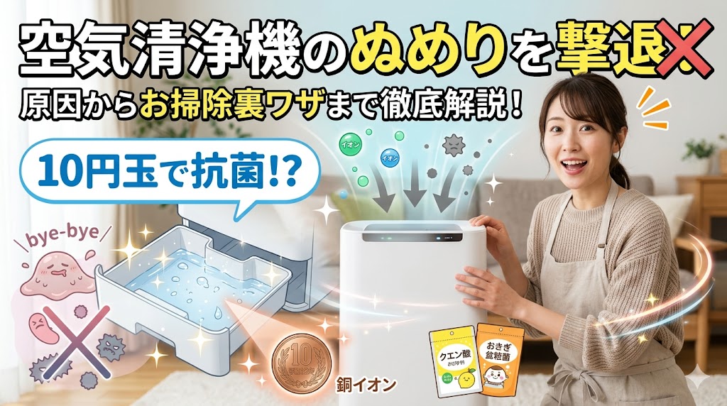 加湿空気清浄機のぬめり原因と掃除方法を解説する日本人女性のアイキャッチ画像。10円玉の銅イオンによる抗菌効果やクエン酸・重曹の活用、ピンク汚れ（バイオフィルム）の撃退イメージと、メーカー各社の除菌技術を象徴するグラフィックが含まれています。