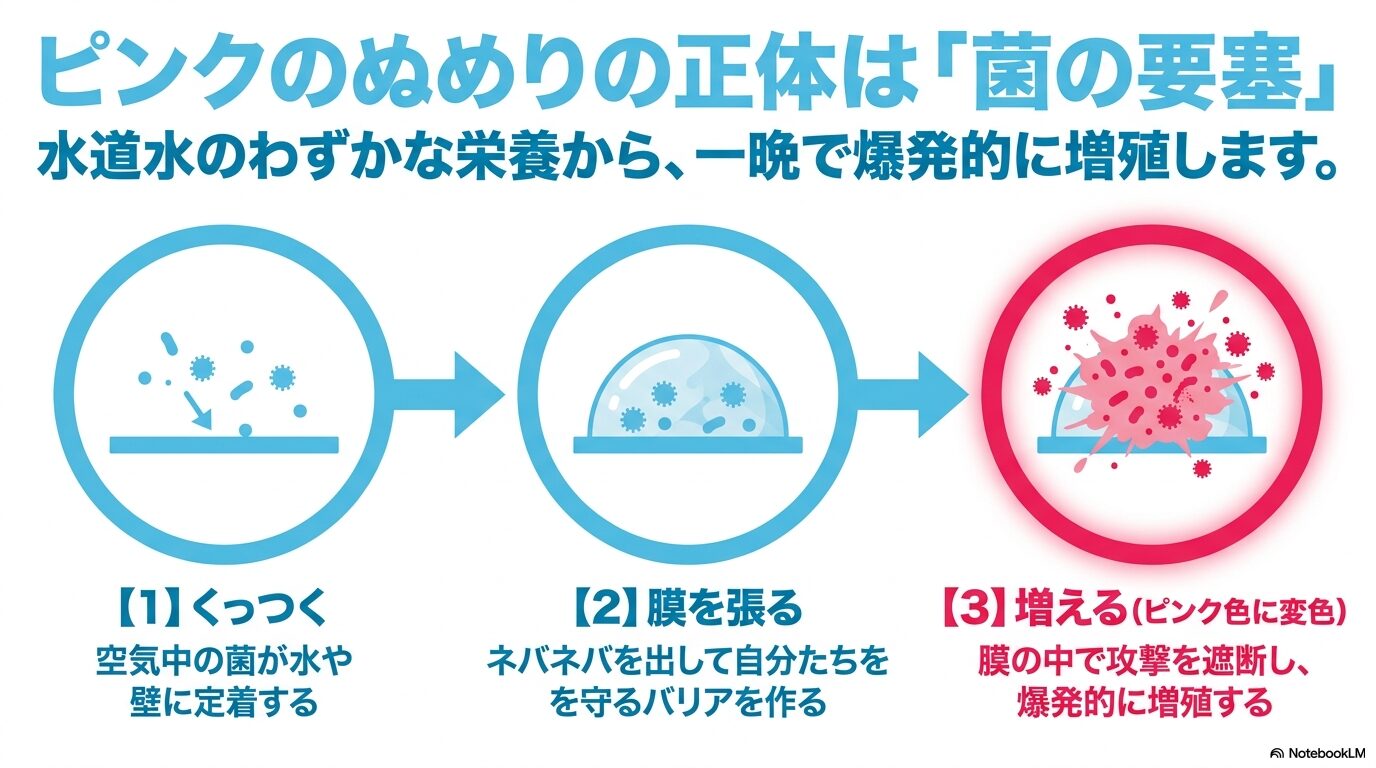 加湿器のピンクのぬめりの正体であるバイオフィルム（菌の要塞）が増殖する3つのステップ