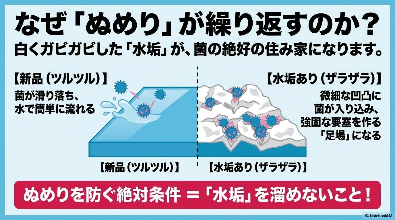 タンク内のザラザラした水垢が菌の足場となり、強固な要塞を作る仕組みの図解