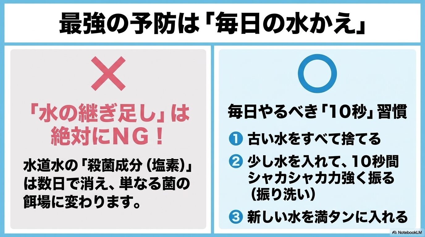 古い水を捨てて10秒間力強く振り洗いする、毎日の給水タンクお手入れ手順