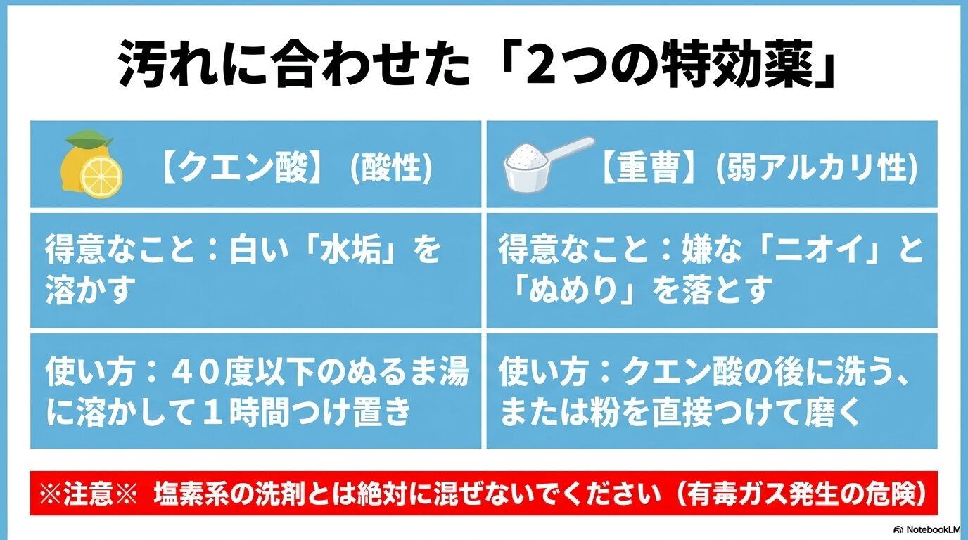 白い水垢を溶かすクエン酸と、嫌なニオイ・ぬめりを落とす重曹の正しい使い方