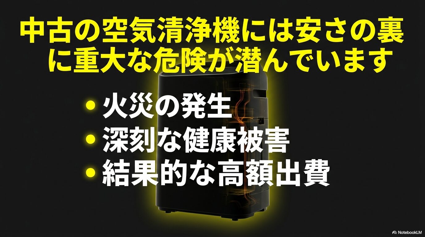 中古空気清浄機に潜む、火災、健康被害、高額出費という3つの危険性についてのまとめスライド。