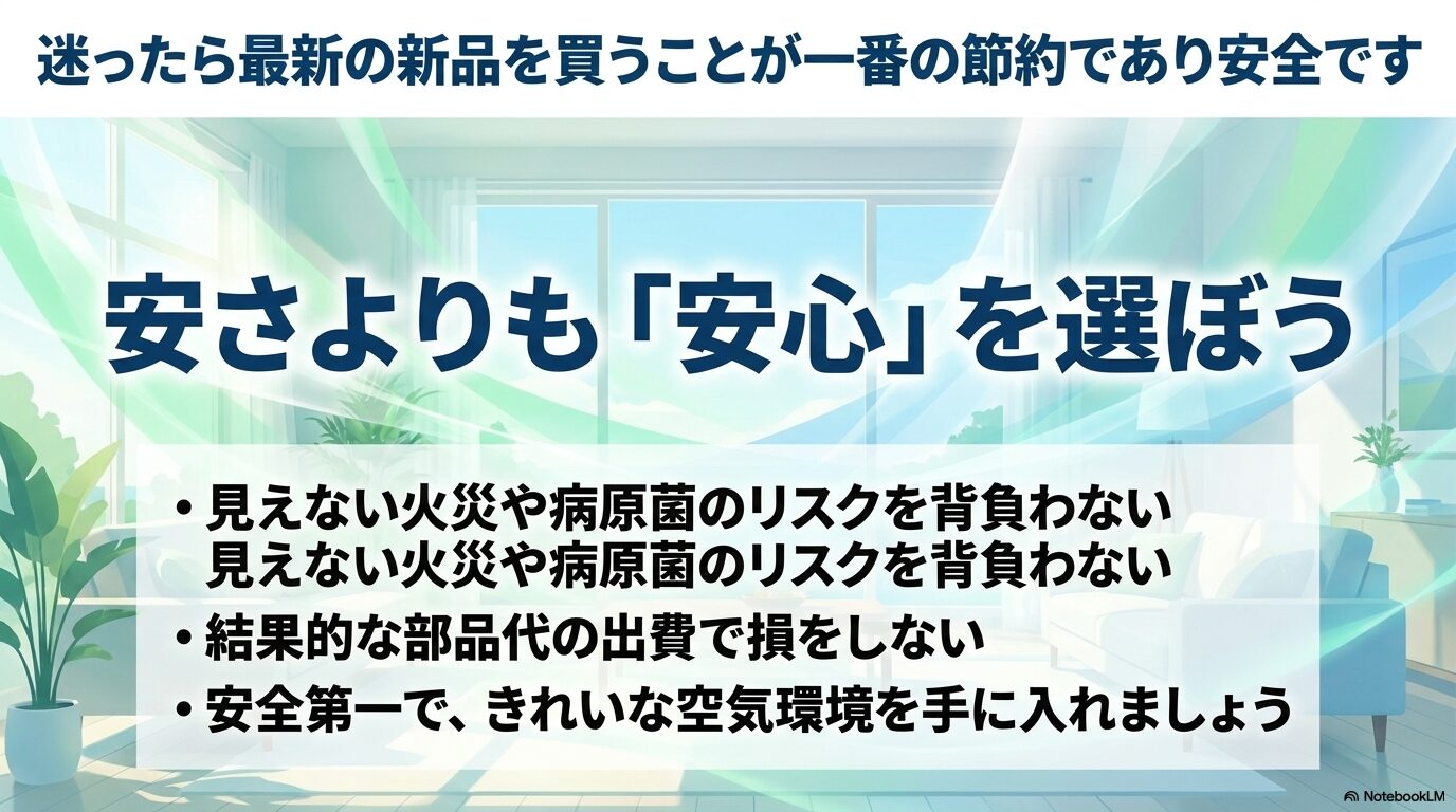 安さよりも安心を選び、見えないリスクを避けるために新品を購入することを推奨する最終まとめスライド。