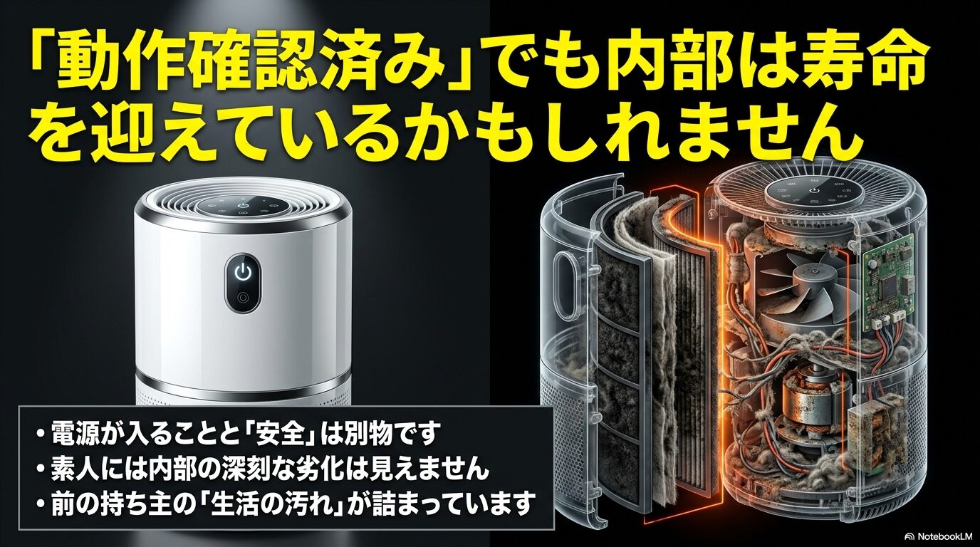 空気清浄機の内部にホコリが溜まり、ファンや基板が劣化している様子を描いたイラスト。
