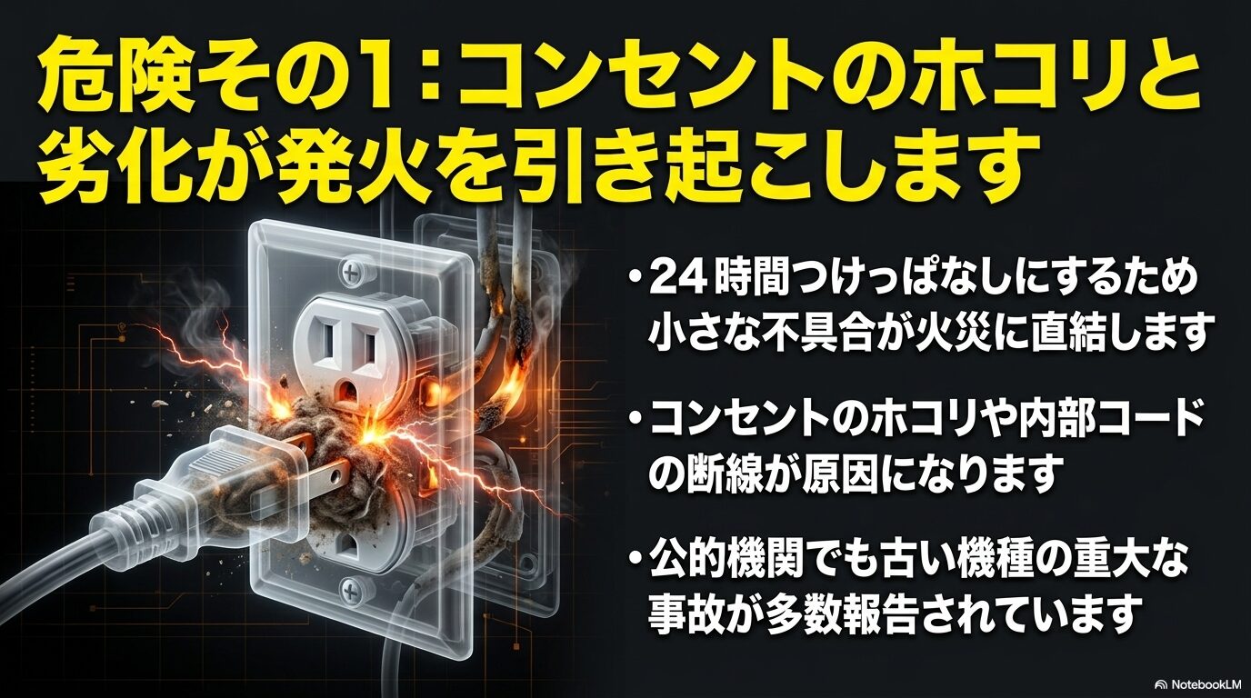 電源プラグの隙間に溜まったホコリが原因で発火する「トラッキング現象」の危険性を説明するスライド。