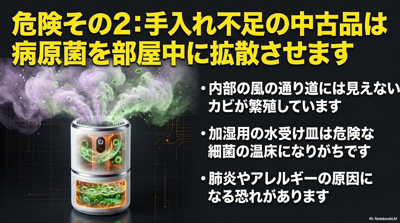 手入れ不足の空気清浄機内部でカビや細菌が繁殖し、部屋中に放出されるリスクを解説した画像。