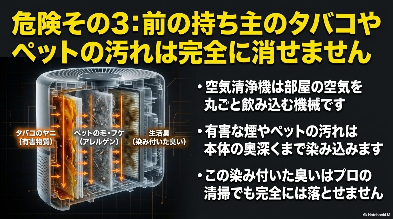 本体内部に染み付いたタバコのヤニやペットの毛、生活臭が完全には除去できないことを示すイメージ。