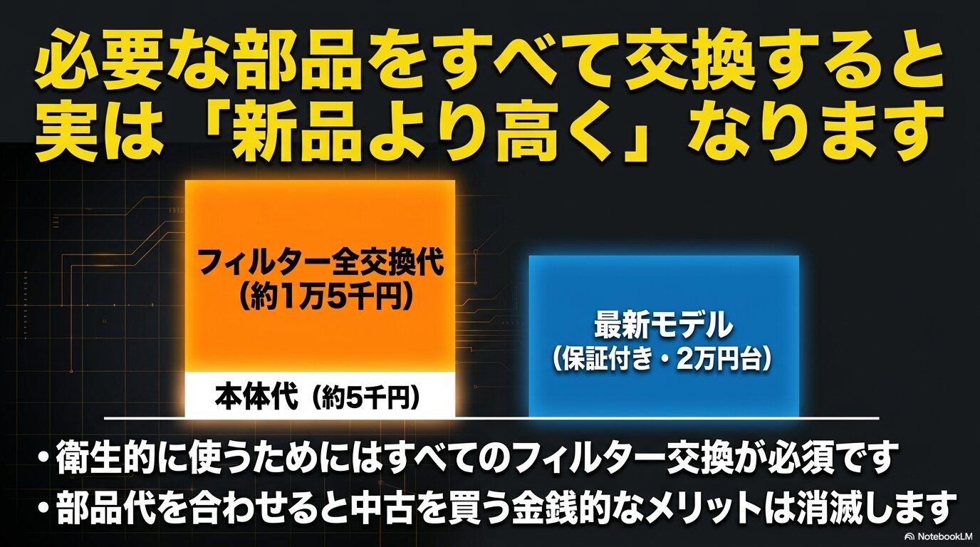中古の本体代にフィルター全交換費用を加えると、最新モデルの新品価格を上回ってしまうことを示すコスト比較グラフ。
