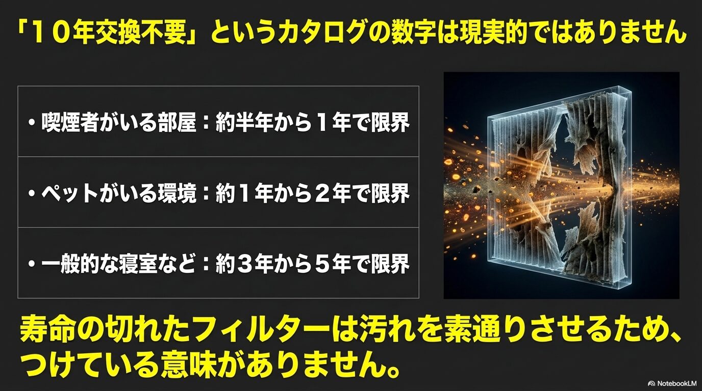 喫煙やペットなど、使用環境によって集じんフィルターの寿命がカタログ値より大幅に短くなることを説明するスライド。