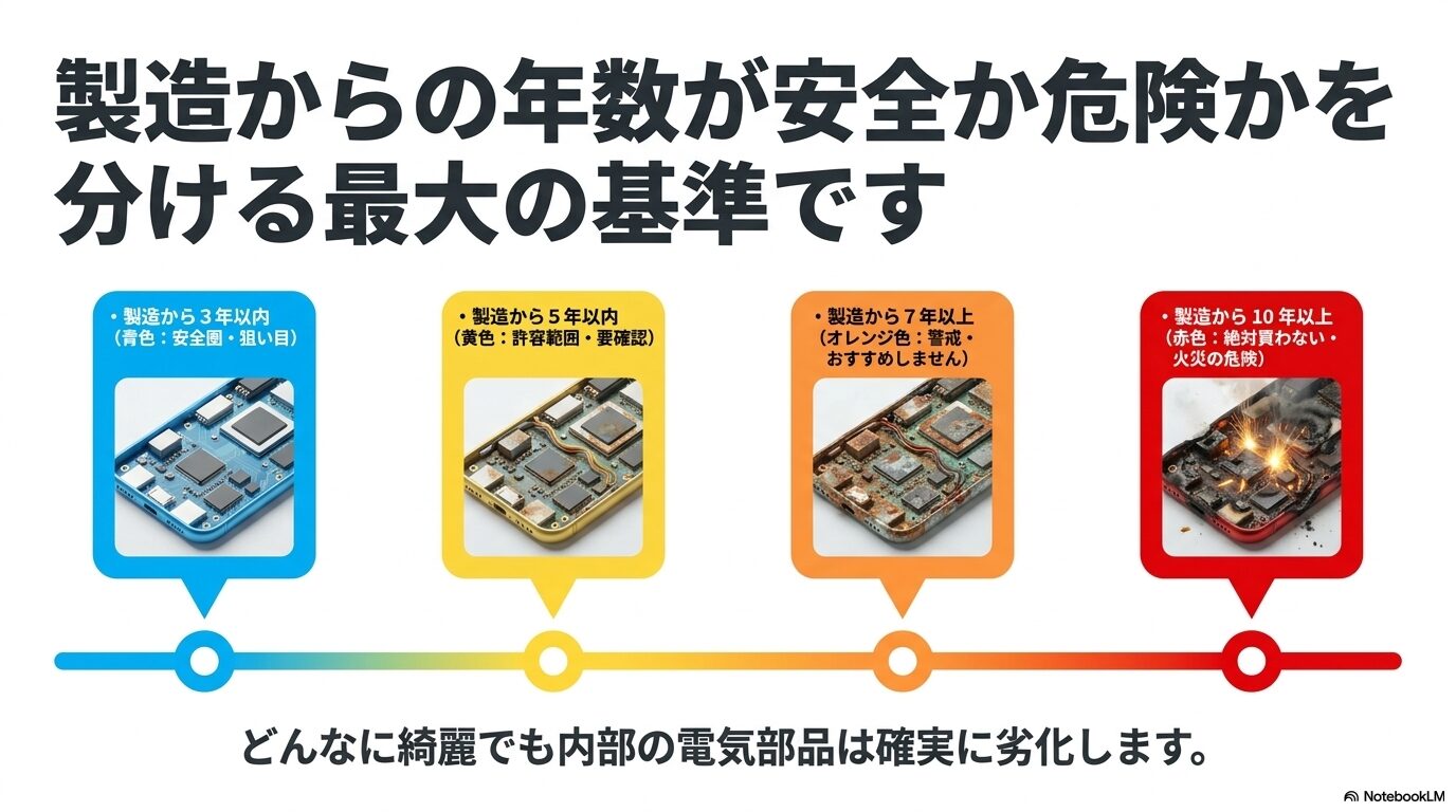 製造から3年以内なら安全、7年以上は警戒、10年以上は絶対NGなど、年式による購入可否の基準表。