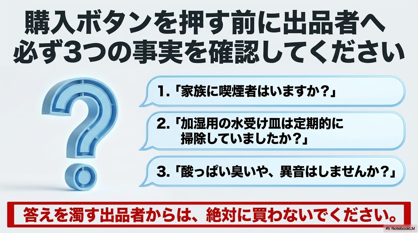 喫煙者の有無、水受け皿の掃除頻度、異音・異臭の有無という、出品者へ必ず確認すべき3項目のまとめ。