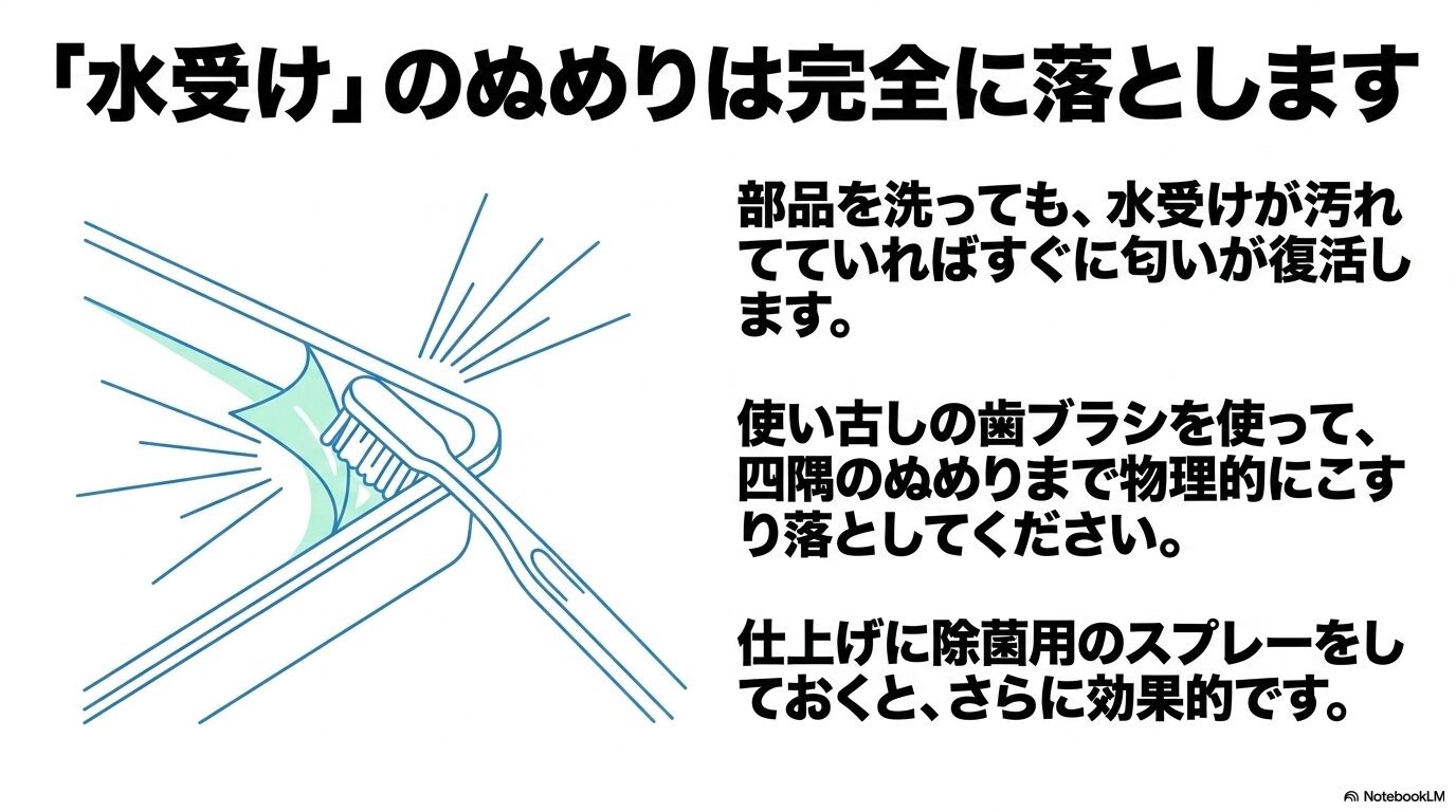 歯ブラシを使用して水受けトレイの四隅のぬめりをこすり落とす掃除方法のイラスト
