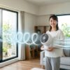 明るいリビングルームで、アジア人女性が白いサーキュレーターを持ち、窓を開けて効果的な空気の流れを作っている様子。新鮮な空気が室内を巡る、爽やかなアイキャッチ画像。16:9。