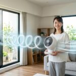 明るいリビングルームで、アジア人女性が白いサーキュレーターを持ち、窓を開けて効果的な空気の流れを作っている様子。新鮮な空気が室内を巡る、爽やかなアイキャッチ画像。16:9。