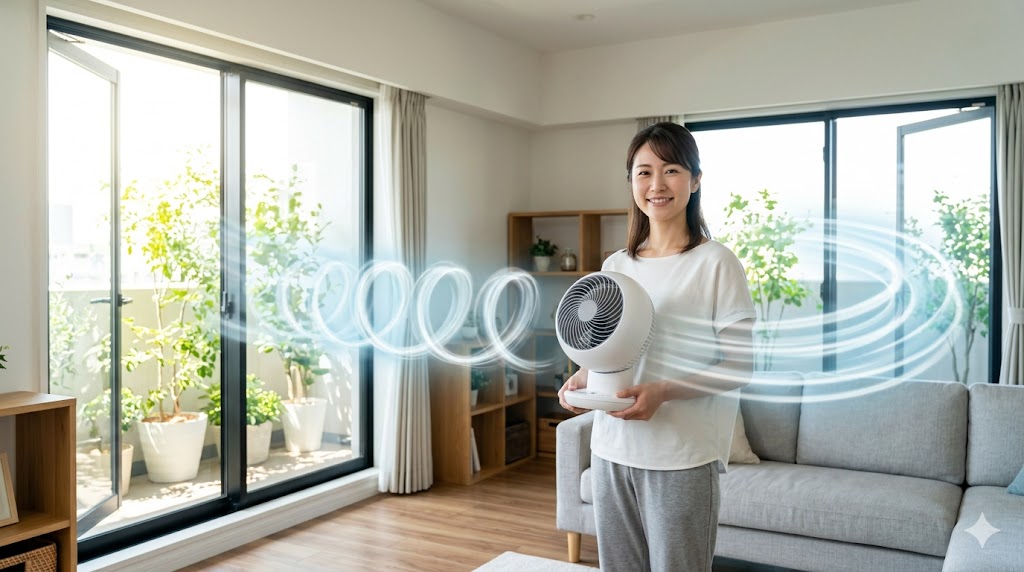 明るいリビングルームで、アジア人女性が白いサーキュレーターを持ち、窓を開けて効果的な空気の流れを作っている様子。新鮮な空気が室内を巡る、爽やかなアイキャッチ画像。16:9。