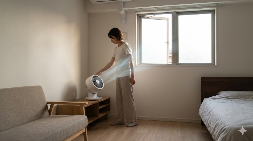窓が1つしかない部屋で、窓の対角線上の隅にサーキュレーターを配置し、窓に向けて送風する様子。アジア人女性が設置している、16:9の横長画像。