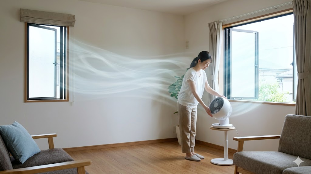 2つの窓を同時に開放し、一方を10〜15cm、他方を全開にして、全開の窓に向けてサーキュレーターで送風する、16:9の横長画像。アジア人女性が設置している。