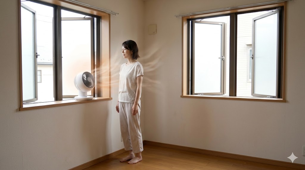 夏の帰宅時に、窓を開けて窓際にサーキュレーターを外向きに置き、最大風量で運転して熱気を排出する様子。アジア人女性が設置している、16:9の横長画像。