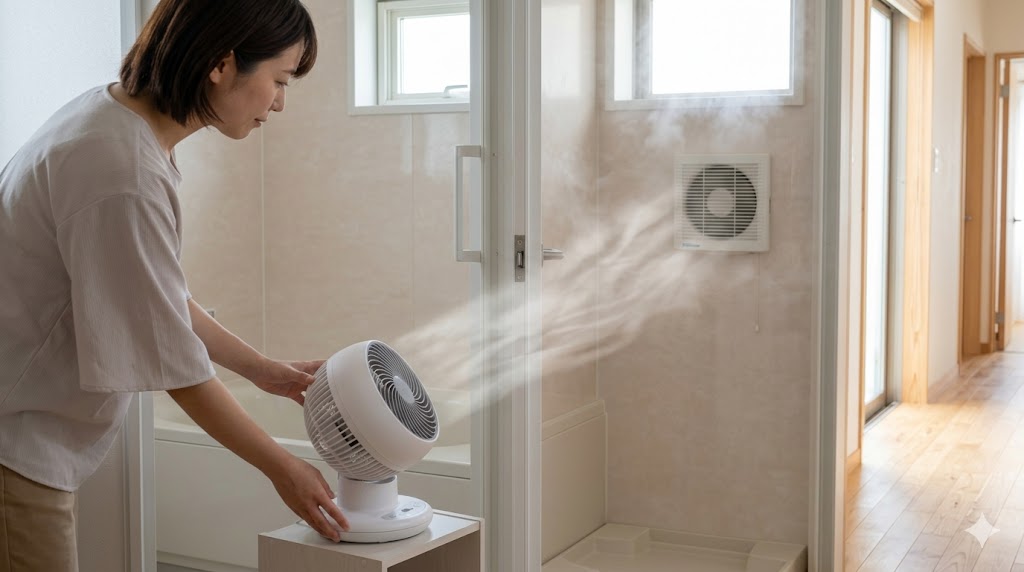 浴室のドアを少し開け、脱衣所側からサーキュレーターで浴室内に風を送り込み、換気扇の吸い込みをアシストする様子。アジア人女性が設置している、16:9の横長画像。