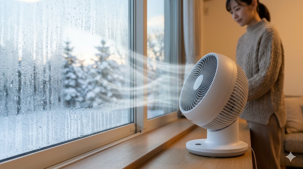 冬の窓際にサーキュレーターを設置し、窓(またはカーテンの隙間)に向けて微風で送風し、結露を防ぐ様子。アジア人女性が設置している、16:9の横長画像。