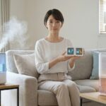 加湿器と除湿機の違いを解説する記事のアイキャッチ。加湿器と除湿機に挟まれ、湿度管理のメーターを持つ日本人女性。