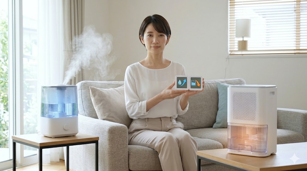 加湿器と除湿機の違いを解説する記事のアイキャッチ。加湿器と除湿機に挟まれ、湿度管理のメーターを持つ日本人女性。