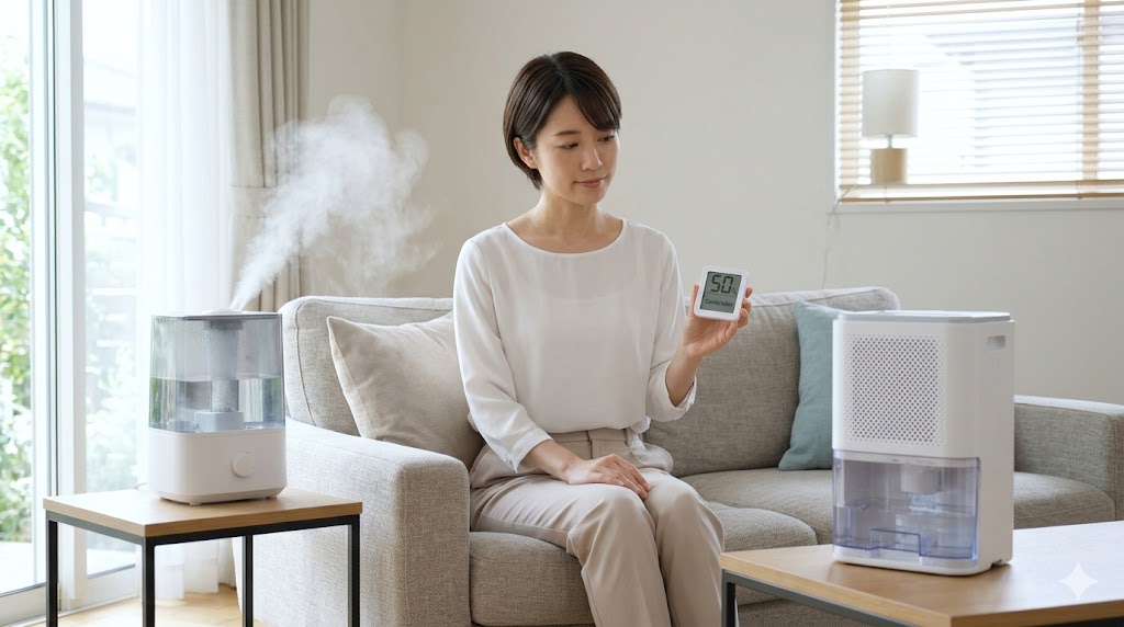 加湿器（左）と除湿機（右）が動作する現代的なリビングルームで、50%の湿度モニターを見ながらくつろぐ日本人女性。加湿と除湿の基本概念と理想的な湿度の重要性を表現。