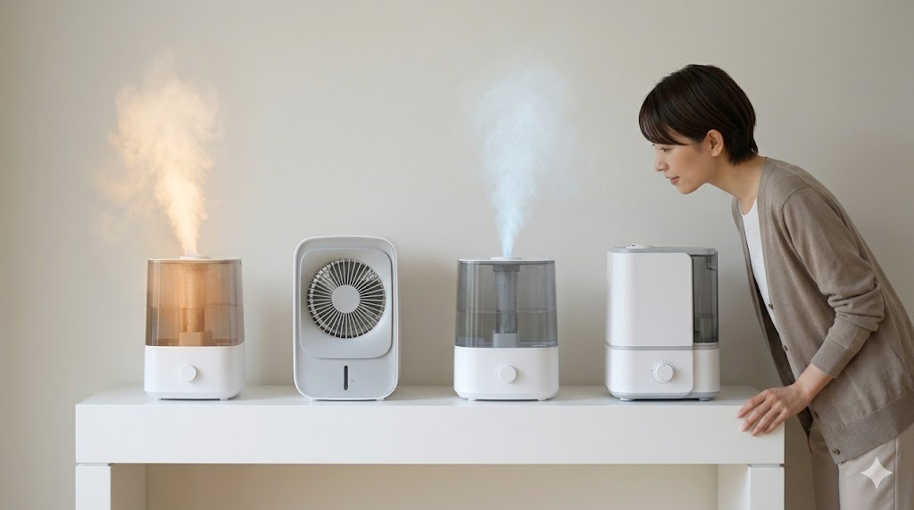 スチーム式（蒸気）気化式（ファン）超音波式（霧）ハイブリッド式の4台の加湿器を現代的な白いテーブルに並べ、興味深そうに観察する日本人女性。各加湿方式の違いを視覚的に表現。