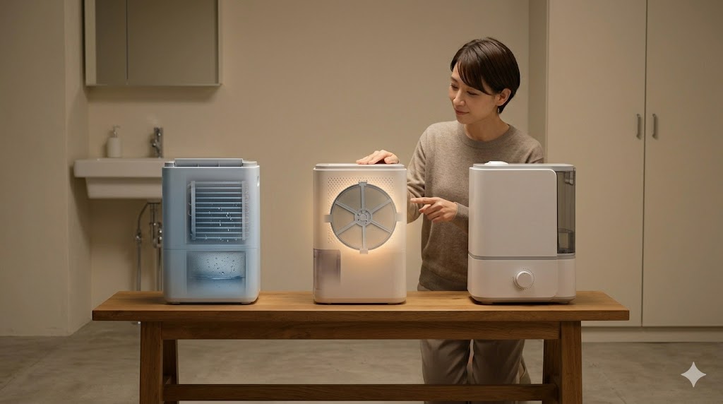 コンプレッサー式（冷却・水滴）デシカント式（ゼオライト・温かい風）ハイブリッド式の3台の除湿機を木製ベンチに並べ、デシカント式の仕組みについて日本人女性が理解を深めている様子。各除湿方式の違いを視覚的に表現。