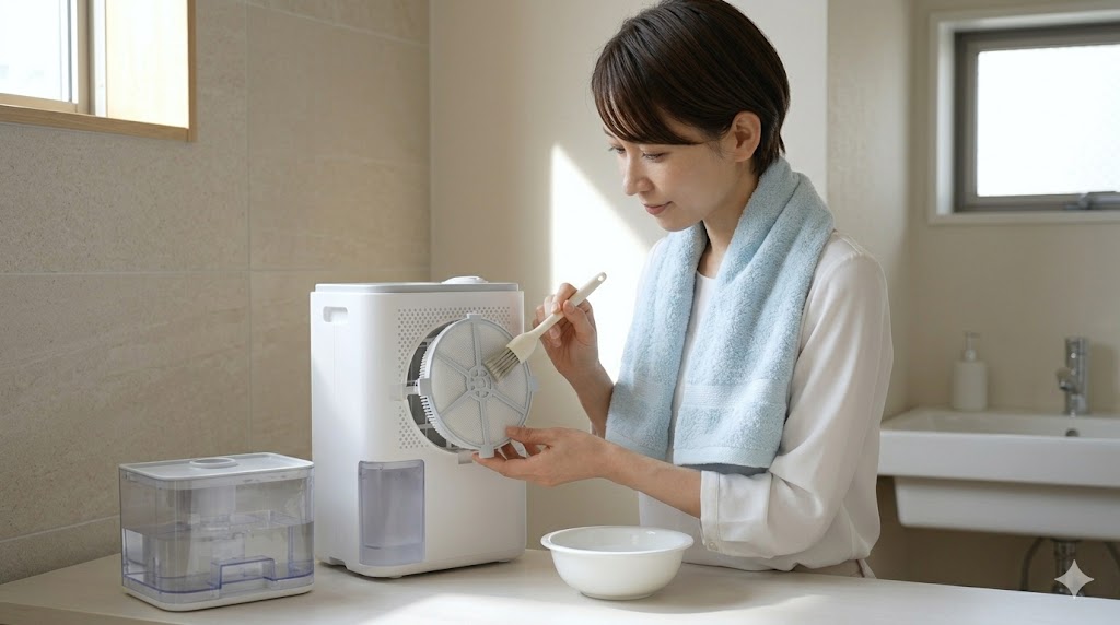 加湿器（ハイブリッド式）の複雑なフィルターを、柔らかいブラシとクエン酸溶液を使って丁寧に掃除する日本人女性。適切なメンテナンス方法を表現。
