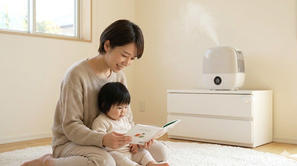 チャイルドロック付きのハイブリッド式加湿器が置かれた清潔な子供部屋で、1歳の赤ちゃんに絵本を読み聞かせる日本人女性。赤ちゃんのいる家庭における安全性と衛生面の配慮を表現。