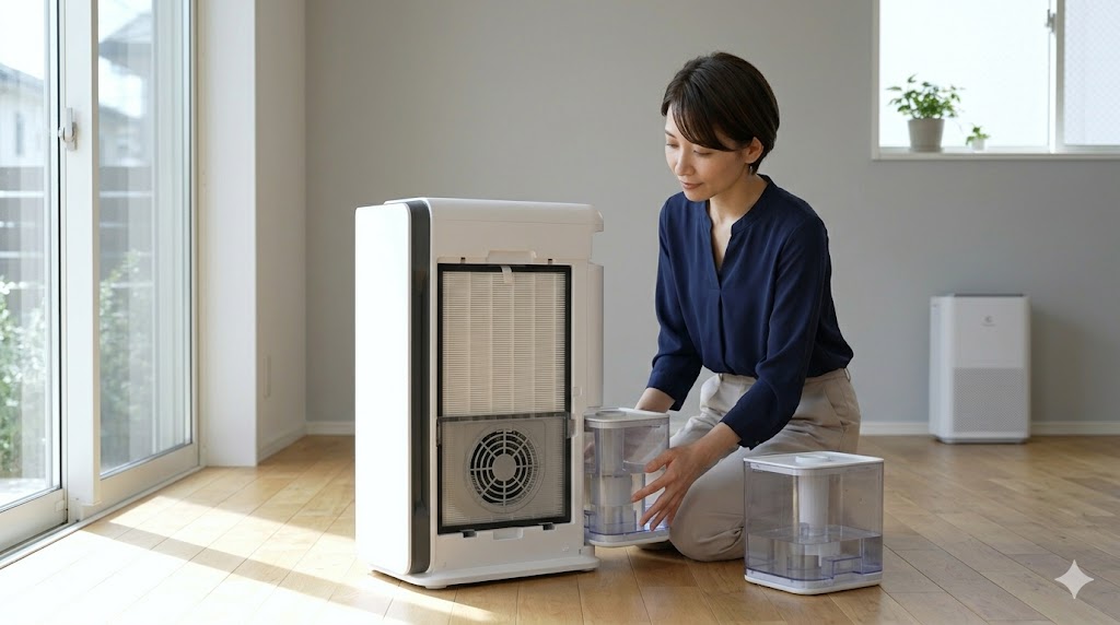 ミニマリスト的な日本のリビングルームで、多機能な除加湿空気清浄機一体型モデルの水タンクを慎重に入れ替える日本人女性。省スペース性と引き換えになる複雑なお手入れとメンテナンスの必要性を表現。
