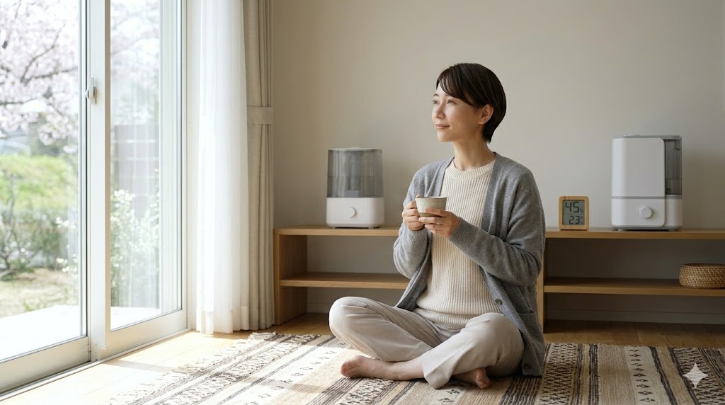 調和のとれた、居心地の良い日本のリビングルームで、45%を示す湿度モニターを見ながらくつろぐ日本人女性。加湿器と除湿機を適切に使い分け、理想的な空気環境を実現。