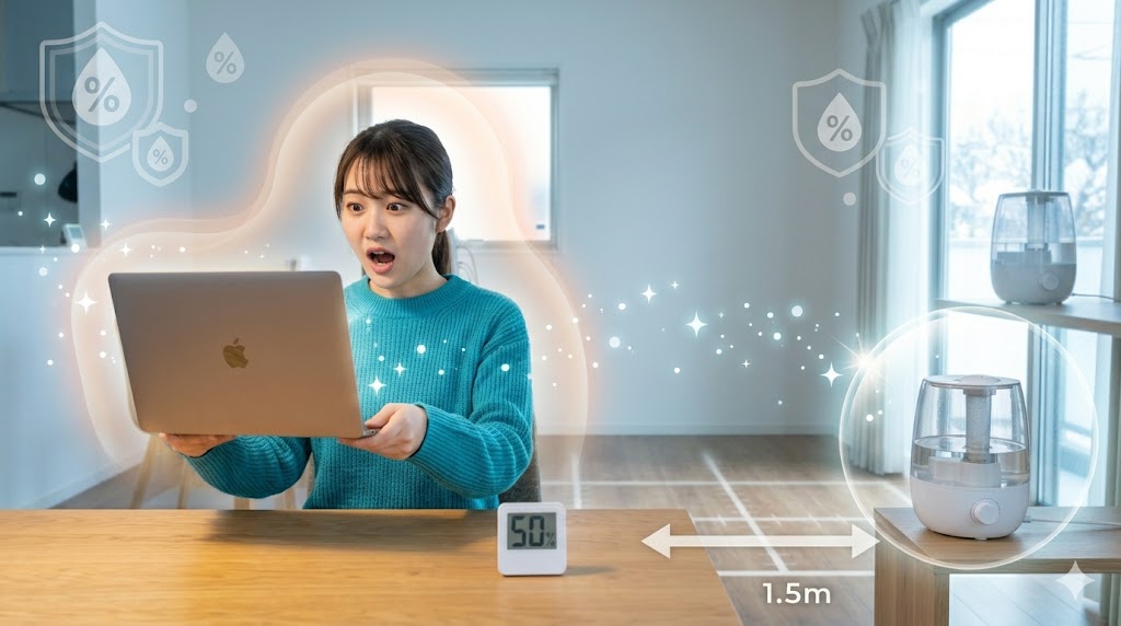 冬の室内で、若い女性がデスクの上のノートパソコンを両手で持ち上げ、驚いた表情で「oh no」と言っている様子。遠景に加湿器が置かれ、パソコンと加湿器の間に、 stylizedな「1.5m」の距離線と、守護する光のエフェクト（オーラと小さなスパークル）が描かれ、安全性を示唆している。独立した湿度計が「50%」を示している。