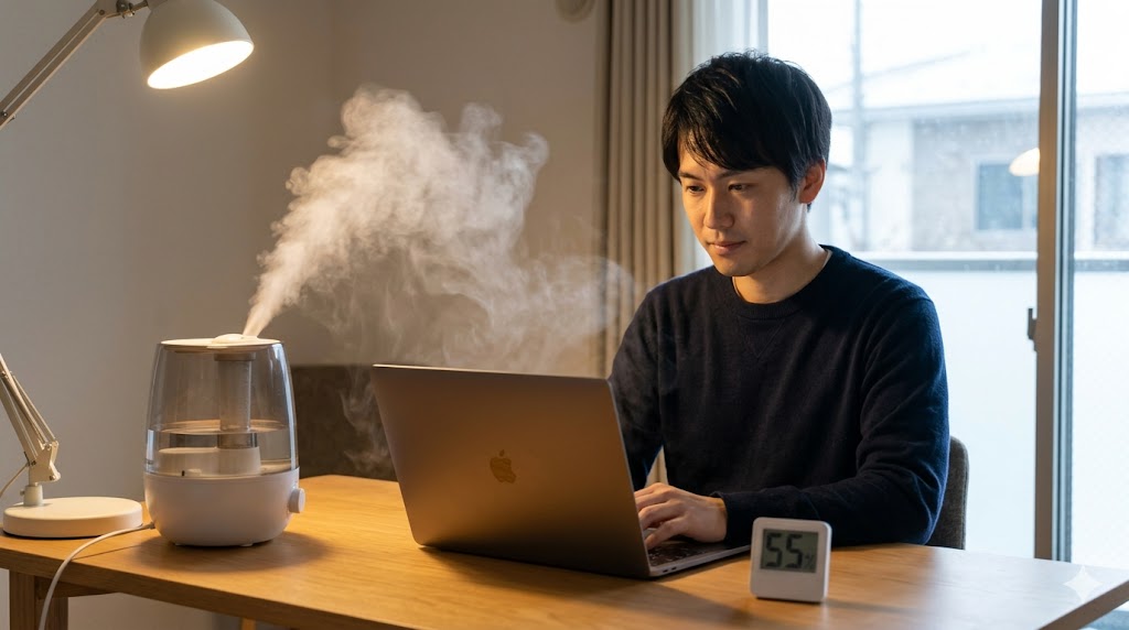 乾燥した冬の室内で、デスクの上のノートパソコンに向かうアジア人男性と、その近くでミストを出す加湿器。パソコンと加湿器の距離が近い様子。
