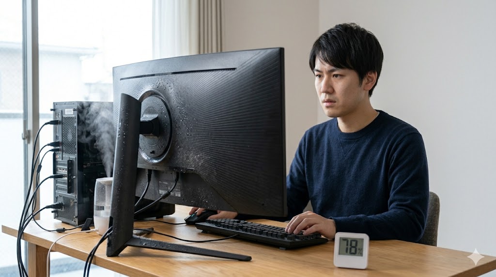 超音波式加湿器から出るミストが空気中で乾燥し、白い粉（ホワイトダスト）となってノートパソコンの背面や吸気口に付着している様子。