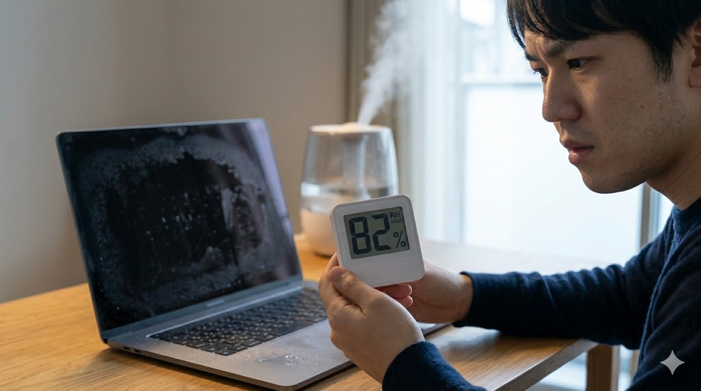 デスクの上に置かれたデジタル湿度計が「82%」という高い湿度を示しており、その横にあるノートパソコンの画面がフリーズしている様子。