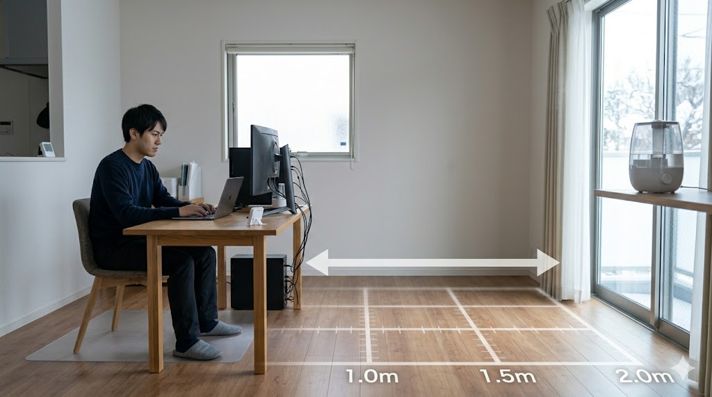 部屋のレイアウト図。デスクの上のパソコンから、部屋の反対側にある棚の上の加湿器まで、1.5メートル以上の距離があることを示す矢印と目盛り。
