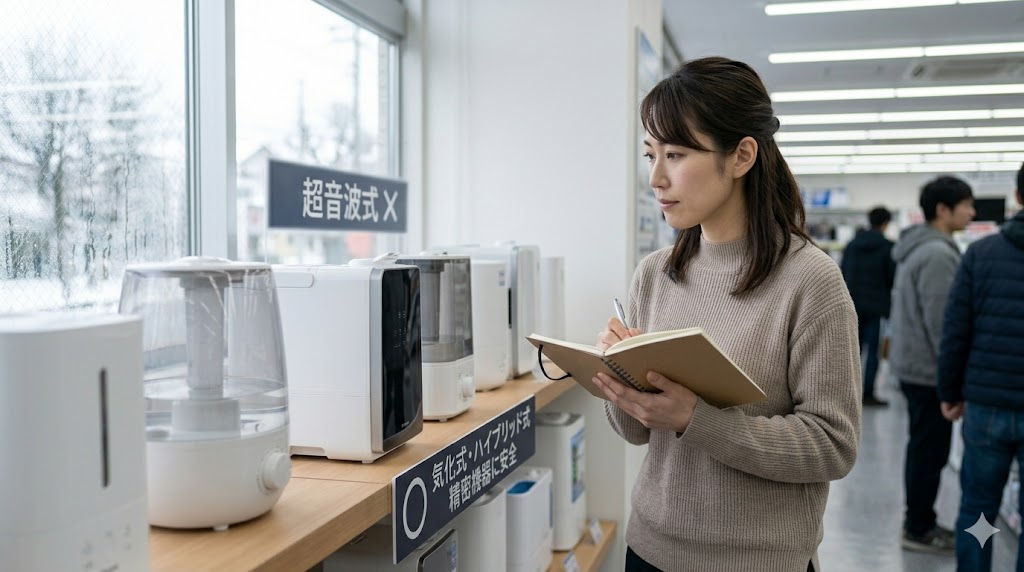 家電量販店の加湿器コーナーで、アジア人女性が「気化式」や「ハイブリッド式」と書かれた加湿器の製品表示を真剣に見比べている様子。