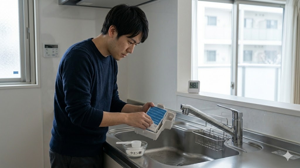 洗面台で、アジア人男性が加湿器のフィルターやトレーを、クエン酸を溶かしたぬるま湯に浸けて、ブラシで丁寧に掃除している様子。