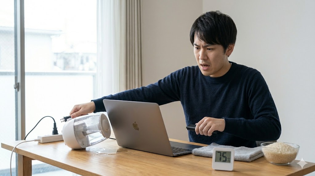 濡れてしまったノートパソコンから、アジア人男性が大急ぎでACアダプタのプラグを抜き、バッテリーを取り外そうとしている、緊迫した様子。