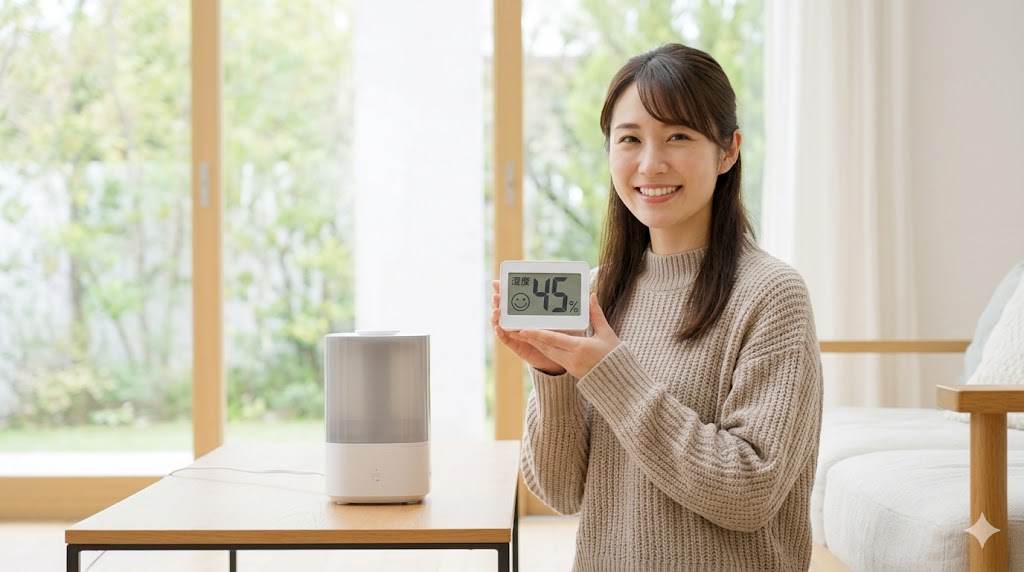 加湿器を片付けるタイミングを判断する日本人女性と湿度計。春の快適な室内環境を象徴。