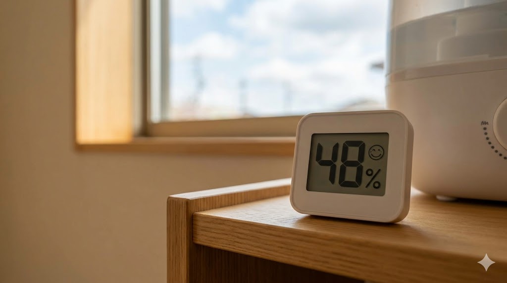 快適な室内湿度（48％）を示す、日本の住宅に置かれたデジタル湿度計。