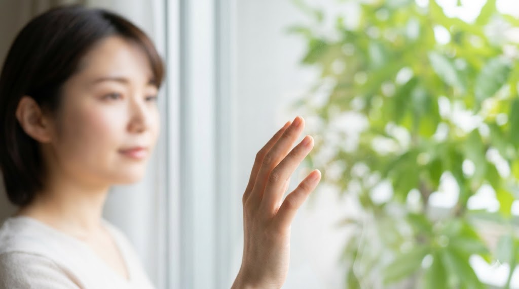 結露していない寝室の窓ガラスを確認する日本人女性。喉の乾燥も感じない、快適な朝