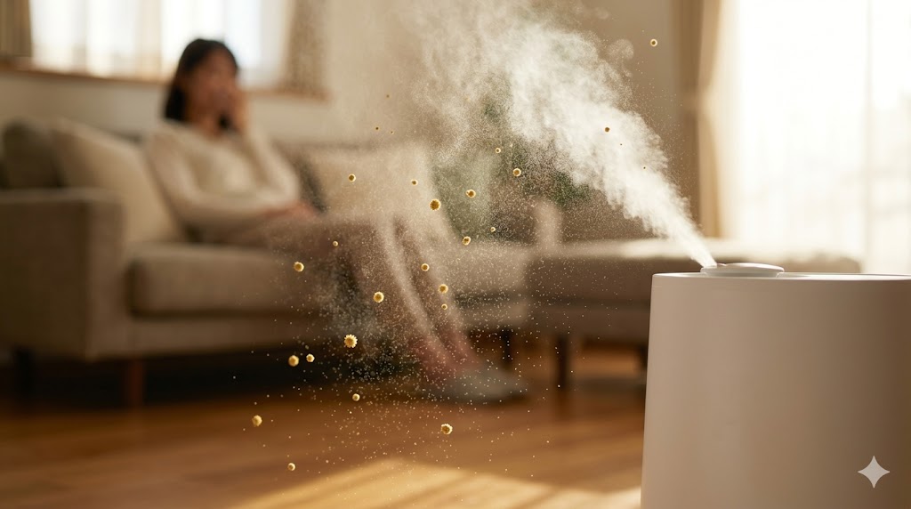 加湿器のミストが空気中の花粉に付着し、重くなって床に落とす様子を描写したイメージ。