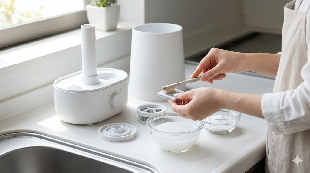 クエン酸や重曹を使って、加湿器のフィルターやトレーを丁寧に掃除する日本人女性の手元。