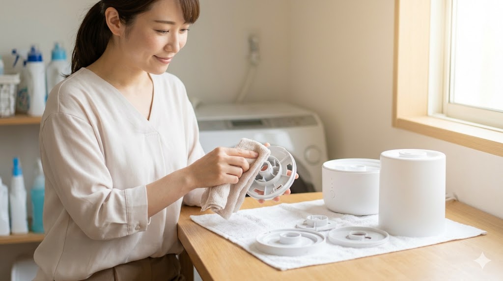 洗浄後、分解した加湿器のパーツを風通しの良い日陰で3日間完全に乾燥させる様子。