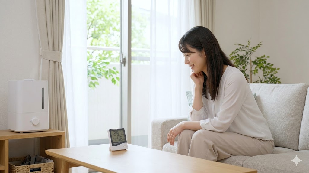 春の訪れとともに加湿器をいつまで使うか悩む、日本の家庭のリビング。